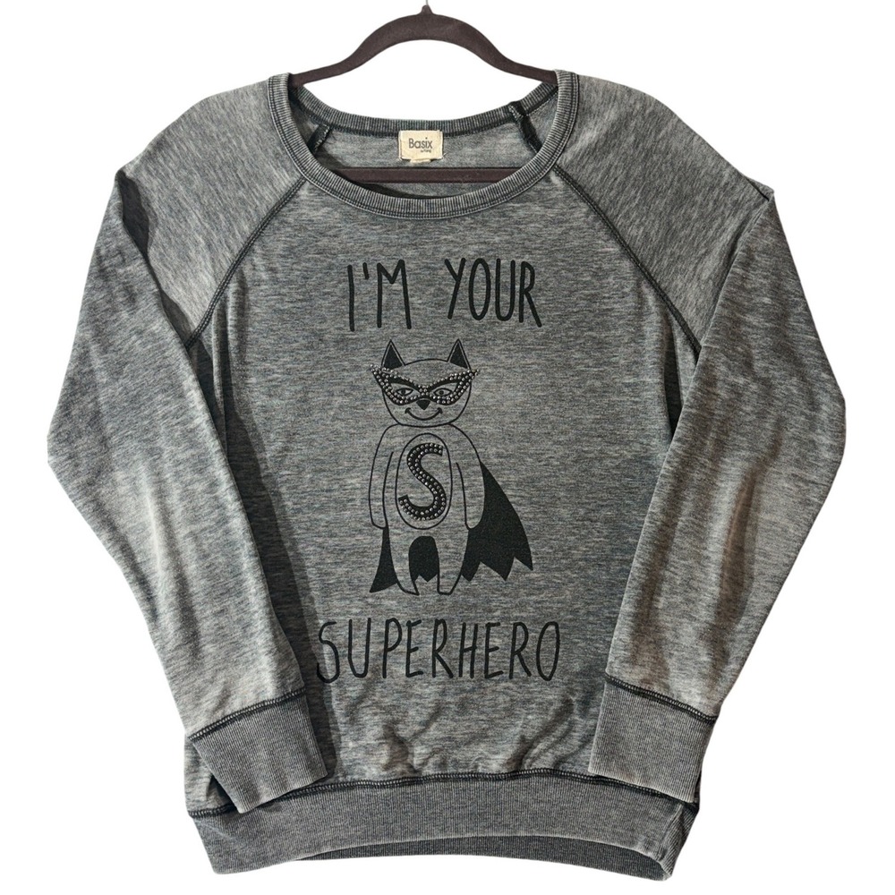 Basix by Fang I'm‎ Your Superhero Cat Graphic Sweatshirt Gray Women's Small